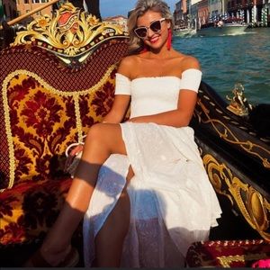 White off the shoulder high low dress